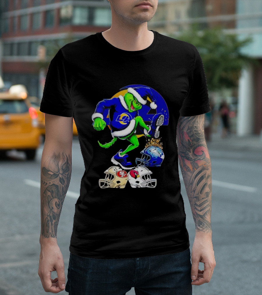 Los Angeles Rams Grinch Stomping NFL Helmets Christmas Funny Santa T-Shirt