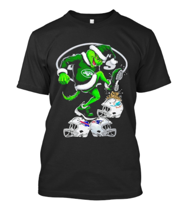 New York Jets Grinch Santa Stomping NFL Helmets Funny Christmas T-Shirt