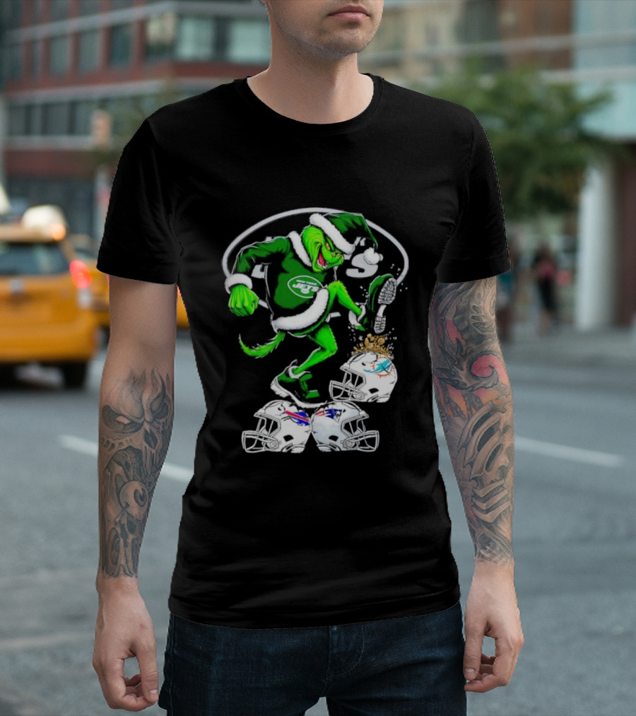 New York Jets Grinch Santa Stomping NFL Helmets Funny Christmas T-Shirt