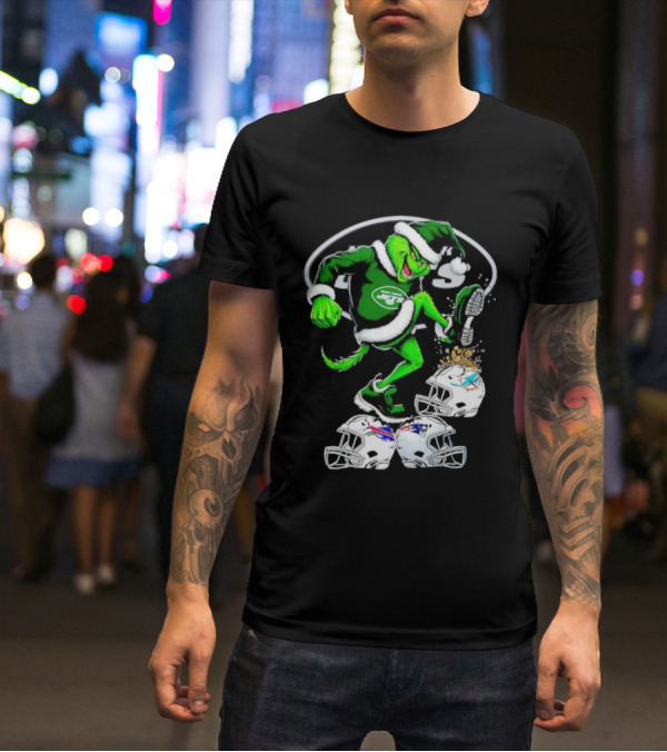 New York Jets Grinch Santa Stomping NFL Helmets Funny Christmas T-Shirt
