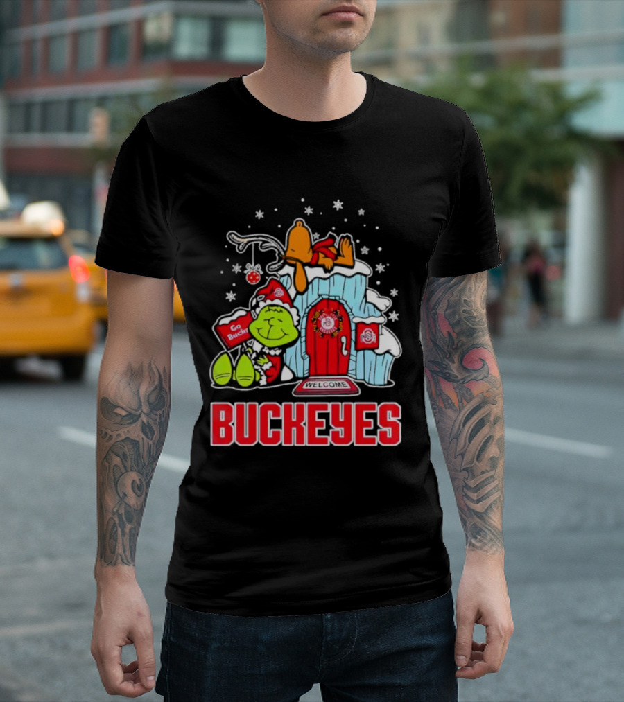 Peanuts Grinch Ohio State Buckeyes Go Bucs Merry Xmas Snoopy Woodstock T-Shirt