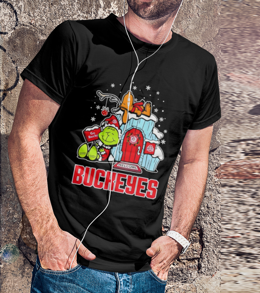 Peanuts Grinch Ohio State Buckeyes Go Bucs Merry Xmas Snoopy Woodstock T-Shirt