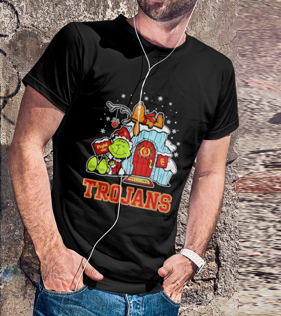 Peanuts USC Trojans Grinch Snoopy Christmas Fight On Welcome T-Shirt