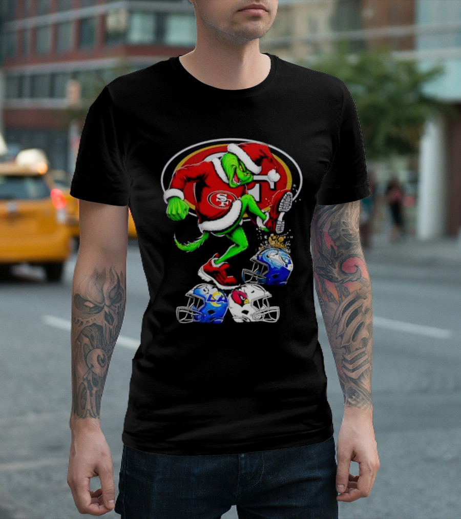 San Francisco 49ers Grinch in Santa Suit Stomps NFL Helmets Rams Cardinals Christmas T-Shirt