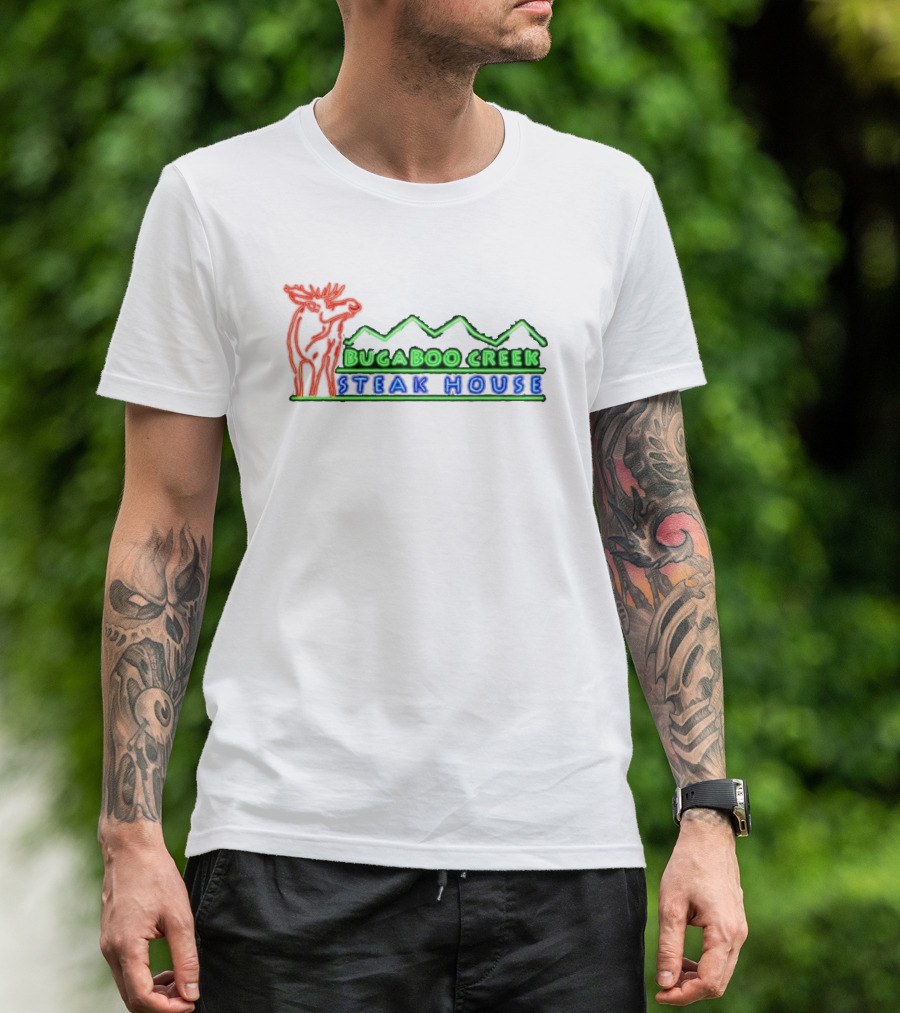 Bugaboo Creek Steakhouse Neon Logo With Moose And Mountain T-Shirt