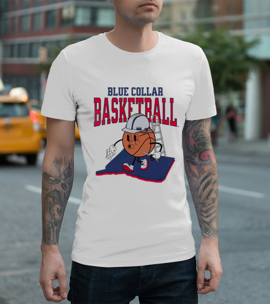 Blue Collar Basketball Hard Hat Hoop Cartoon T-Shirt
