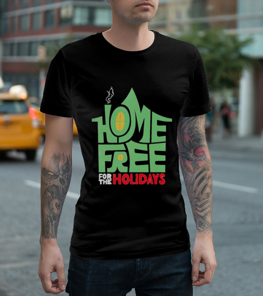 Home Free for the Holidays Text in Green House Shape with Yellow Windows T-Shirt
