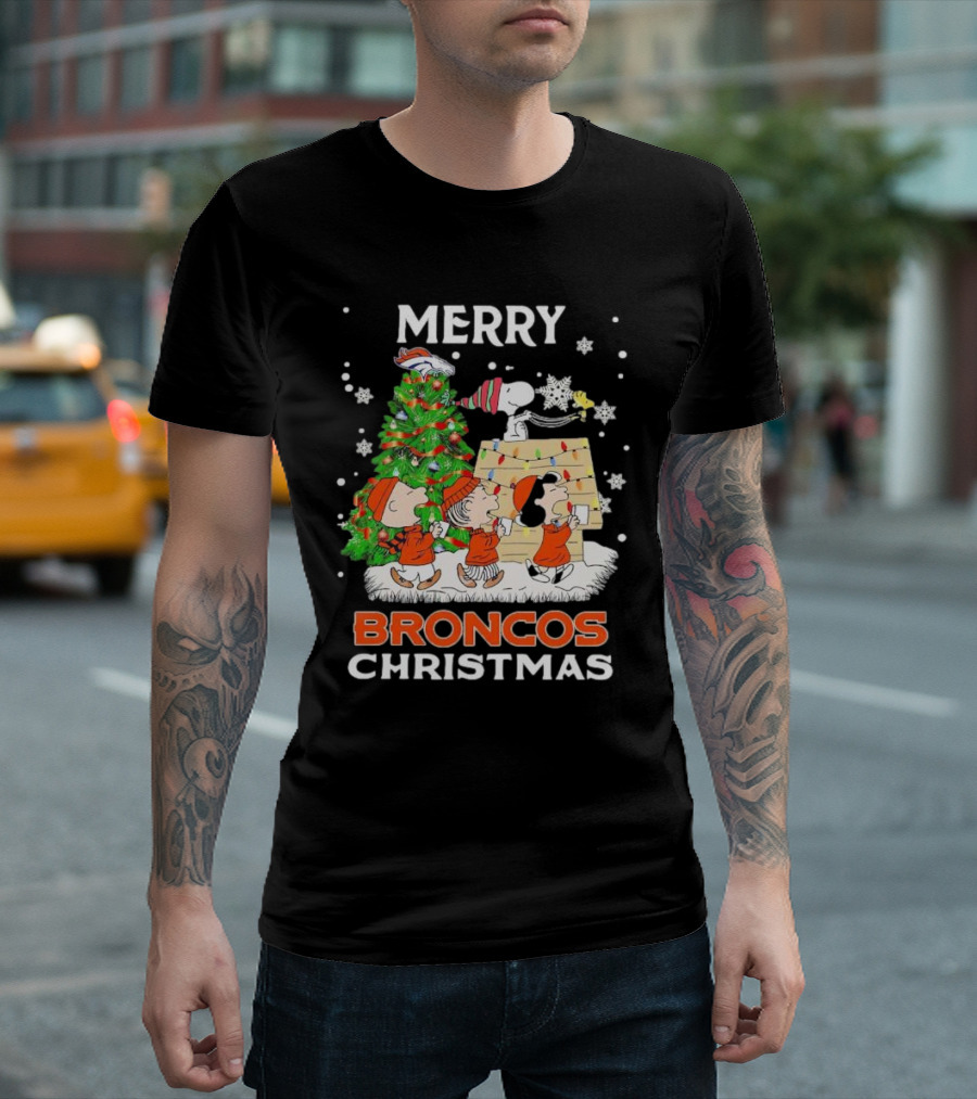 Merry Broncos Christmas Peanuts Characters T-Shirt