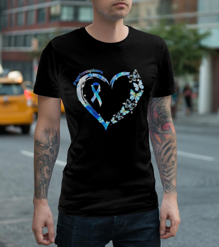 Type1Namayalars Diabetes Awareness Heart with Blue Ribbon and Butterflies T-Shirt