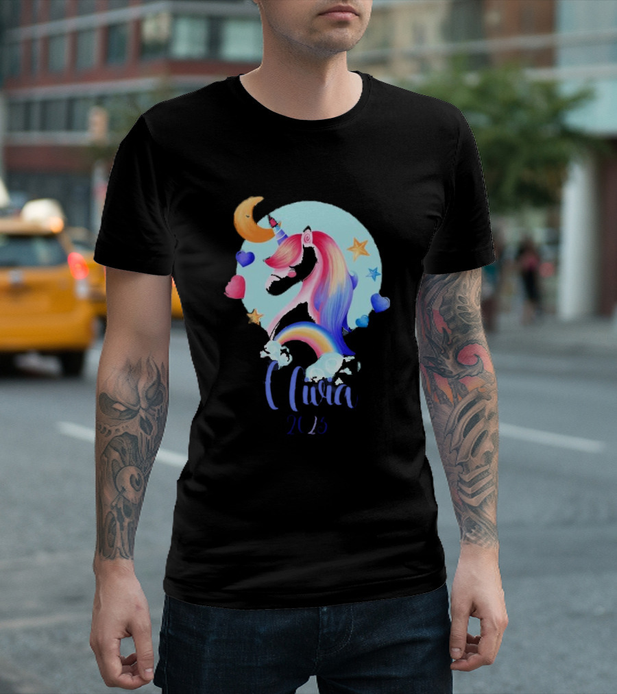 Olivia 2025 Rainbow Unicorn Hearts and Stars Christmas T-Shirt