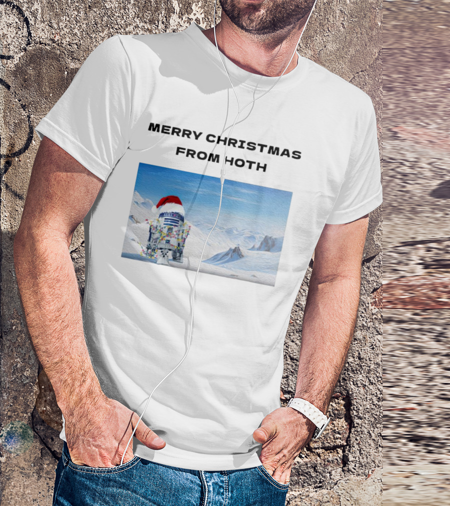 R2-D2 Merry Christmas From Hoth Santa Hat Lights Snowy Scene T-Shirt