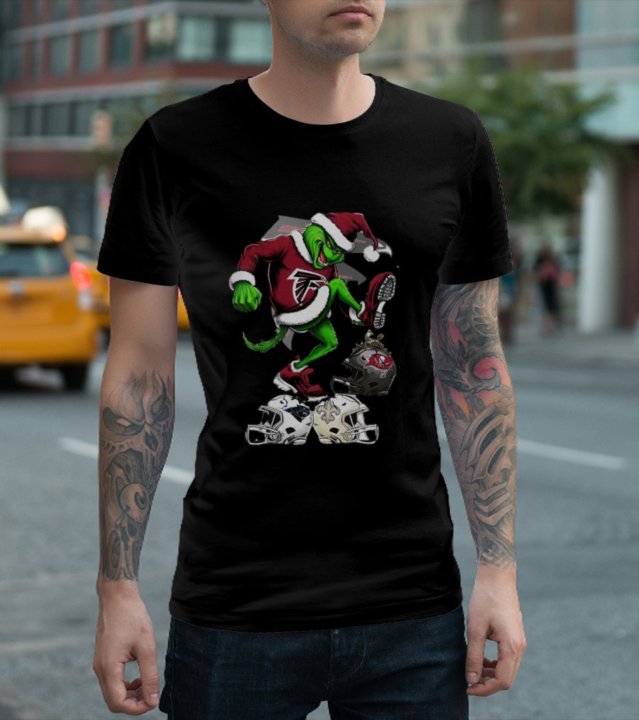 Atlanta Falcons Grinch Stomping On Rival Helmets Christmas T-Shirt