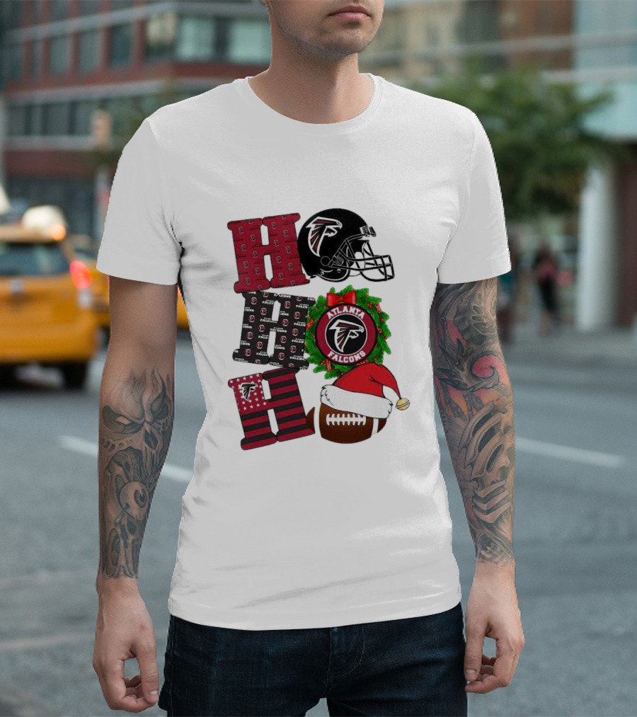Atlanta Falcons Ho Ho Ho Merry Christmas Football Helmet Wreath Santa Hat T-Shirt