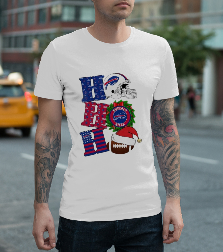 Buffalo Bills Helmet Wreath Football Santa Hat Ho Ho Ho Merry Christmas T-Shirt