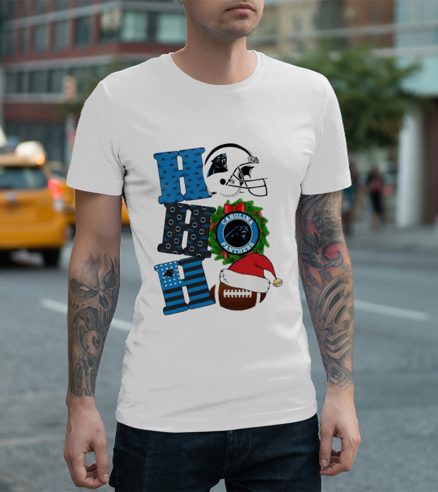 Carolina Panthers Ho Ho Ho Merry Christmas Football Helmet Wreath Santa Hat T-Shirt
