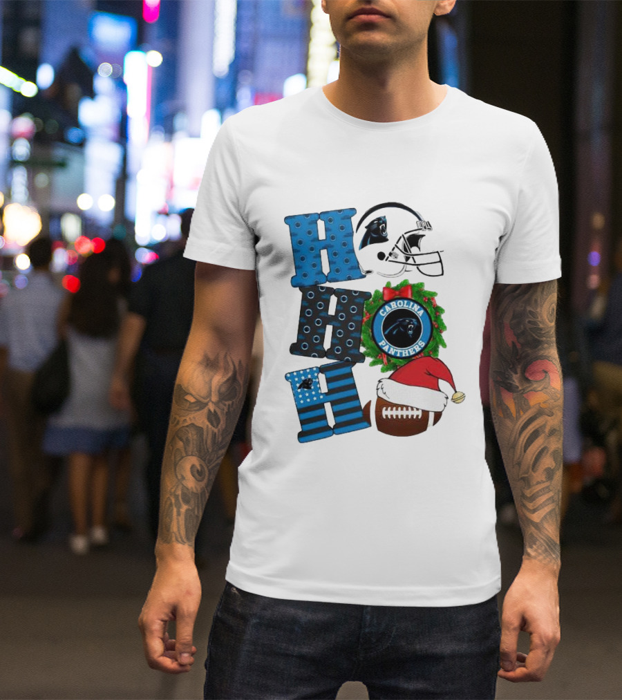Carolina Panthers Ho Ho Ho Merry Christmas Football Helmet Wreath Santa Hat T-Shirt