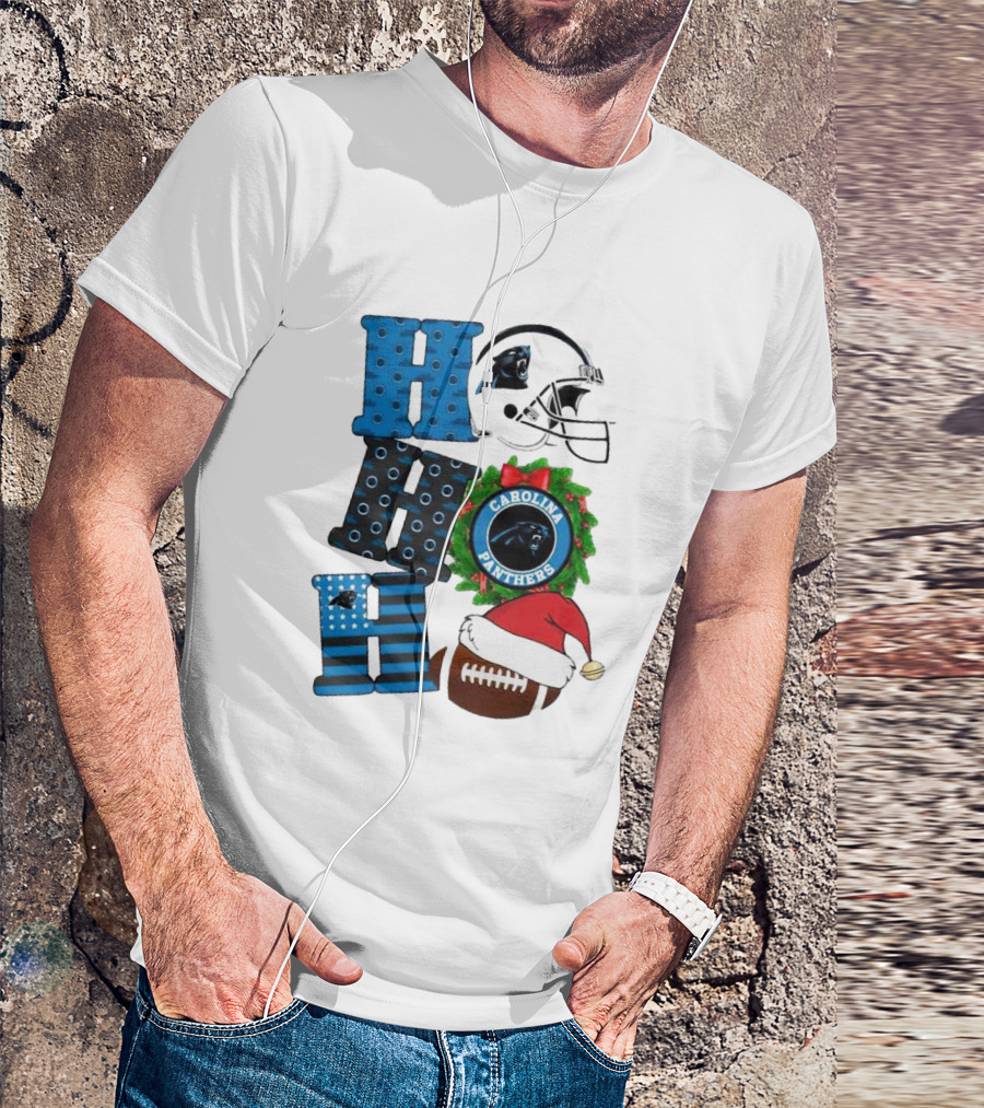 Carolina Panthers Ho Ho Ho Merry Christmas Football Helmet Wreath Santa Hat T-Shirt