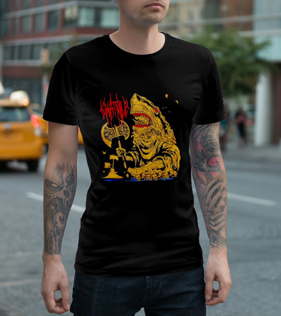 Chat Pile Shark with Axe on Tropical Beach T-Shirt