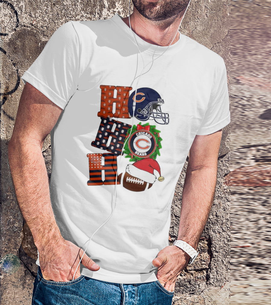 Chicago Bears Ho Ho Ho Merry Christmas Football Helmet Wreath Santa Hat T-Shirt