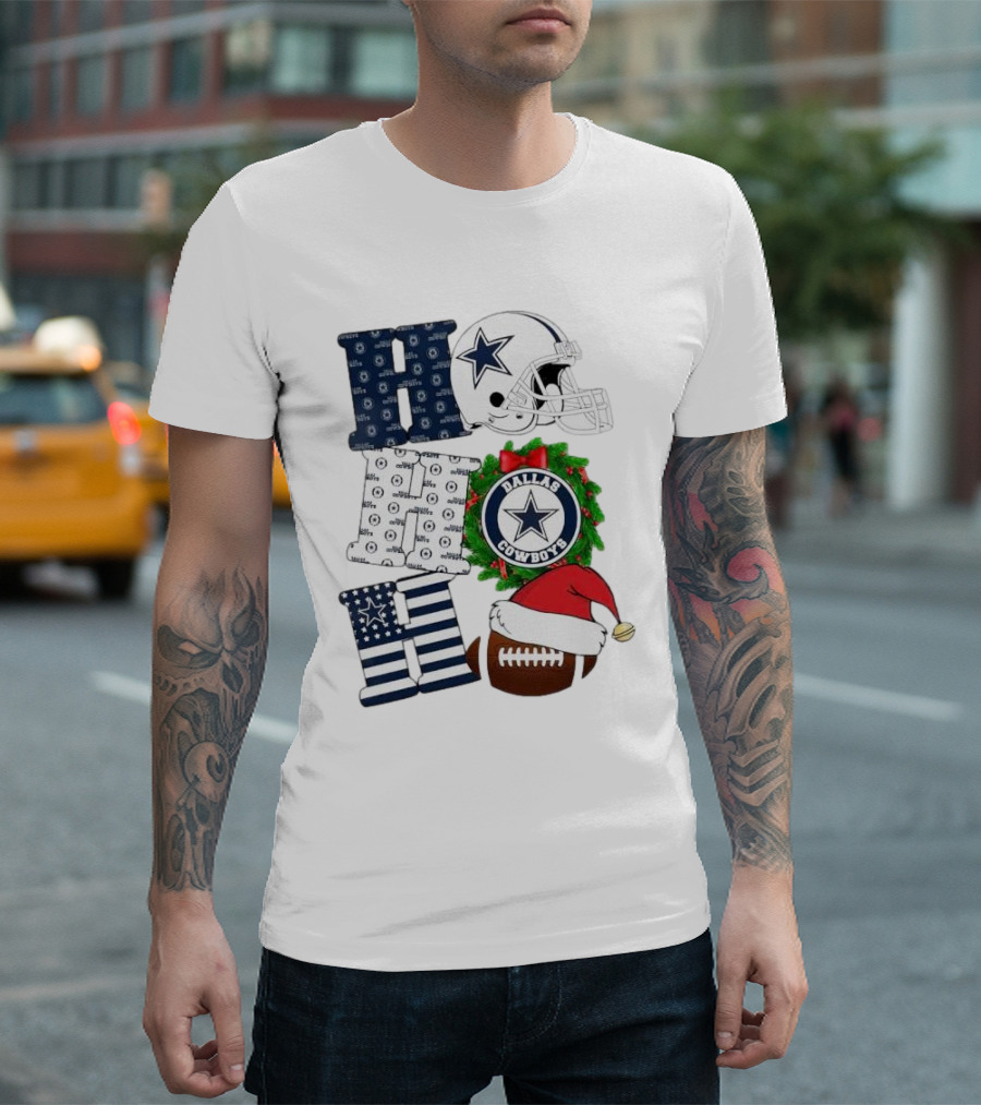 Dallas Cowboys Helmet Wreath Football Christmas Ho Ho Ho Merry Christmas T-Shirt
