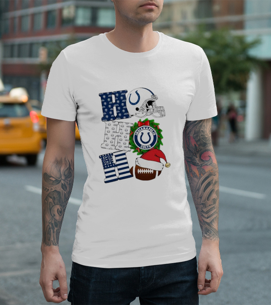 Indianapolis Colts Ho Ho Ho Merry Christmas Football Festive Logo Helmet Wreath Santa Hat T-Shirt