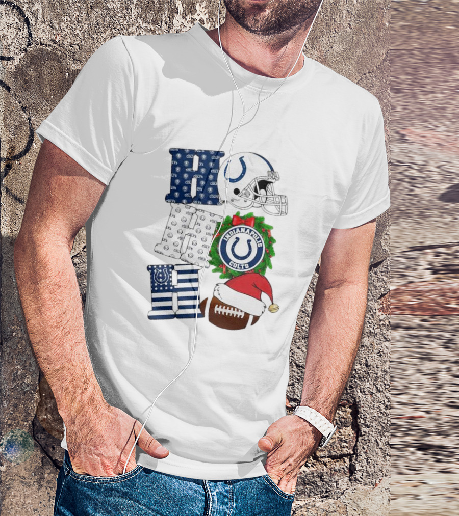 Indianapolis Colts Ho Ho Ho Merry Christmas Football Festive Logo Helmet Wreath Santa Hat T-Shirt