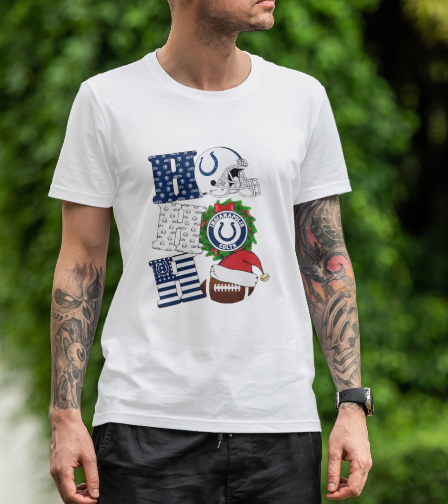 Indianapolis Colts Ho Ho Ho Merry Christmas Football Festive Logo Helmet Wreath Santa Hat T-Shirt
