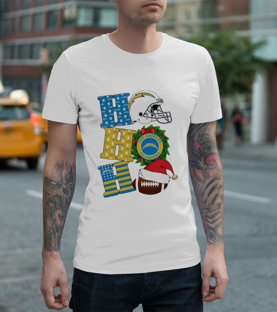 Los Angeles Chargers Ho Ho Ho Merry Christmas Wreath Helmet Football Santa Hat Featured T-Shirt