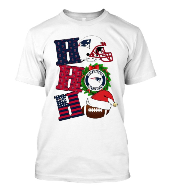 New England Patriots Ho Ho Ho Merry Christmas Football Helmet Wreath Santa Hat Football T-Shirt