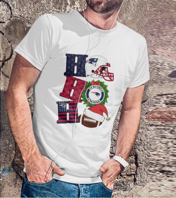 New England Patriots Ho Ho Ho Merry Christmas Football Helmet Wreath Santa Hat Football T-Shirt