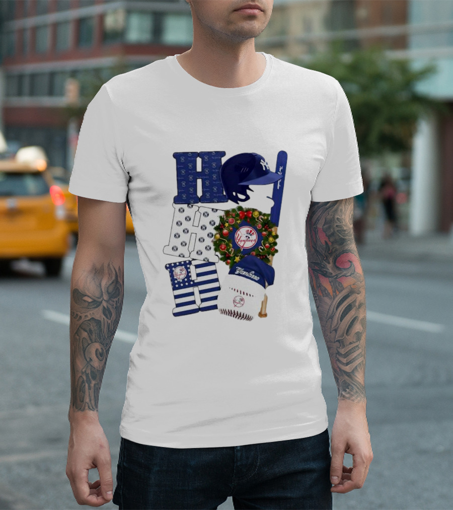 New York Yankees Ho Ho Ho Merry Christmas Yankees Caps Wreath Baseball Bat T-Shirt