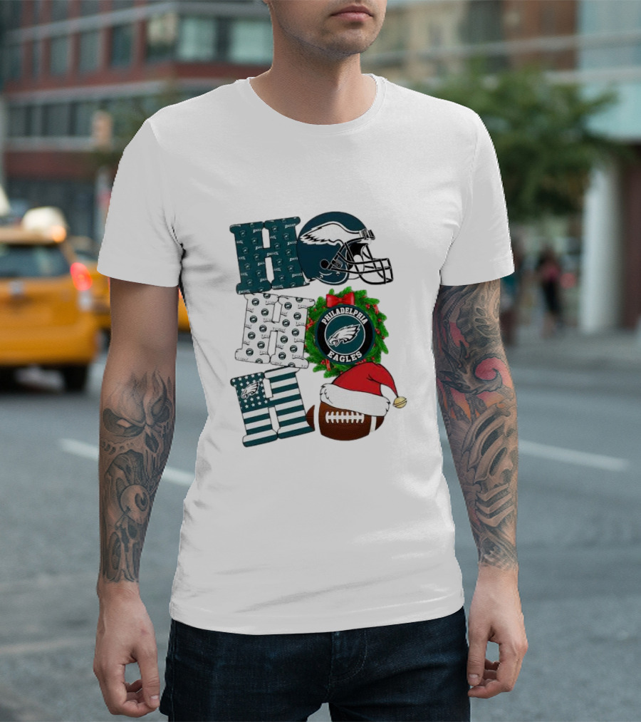 Philadelphia Eagles Ho Ho Ho Merry Christmas Football Helmet Wreath Santa Hat T-Shirt
