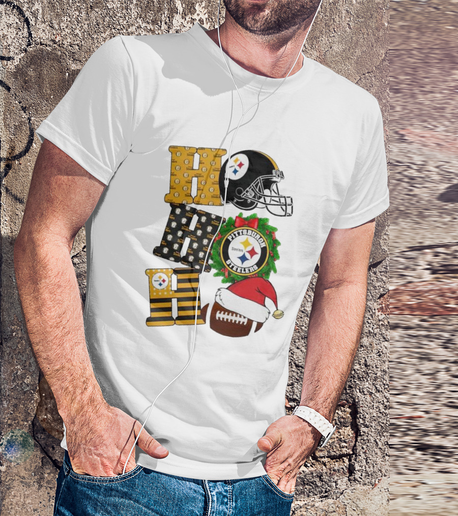 Pittsburgh Steelers Ho Ho Ho Merry Christmas Football Helmet Wreath Santa Hat T-Shirt