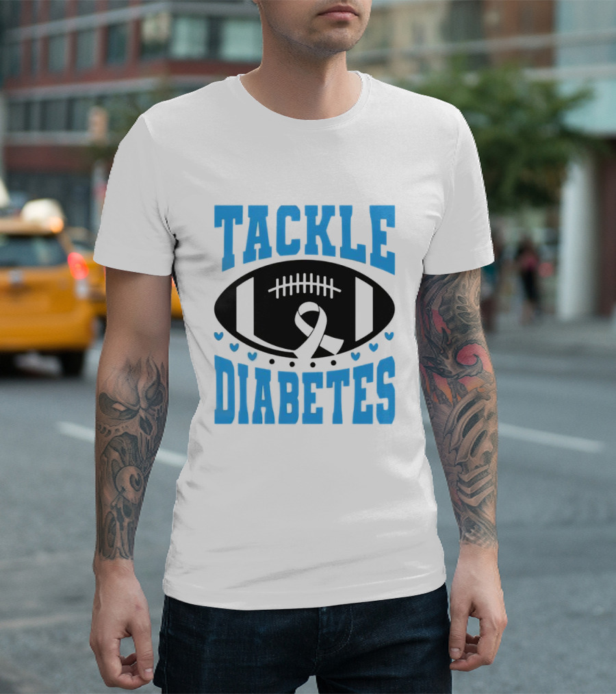 Tackle Diabetes Awareness Football Design with Blue Ribbon and Hearts T-Shirt