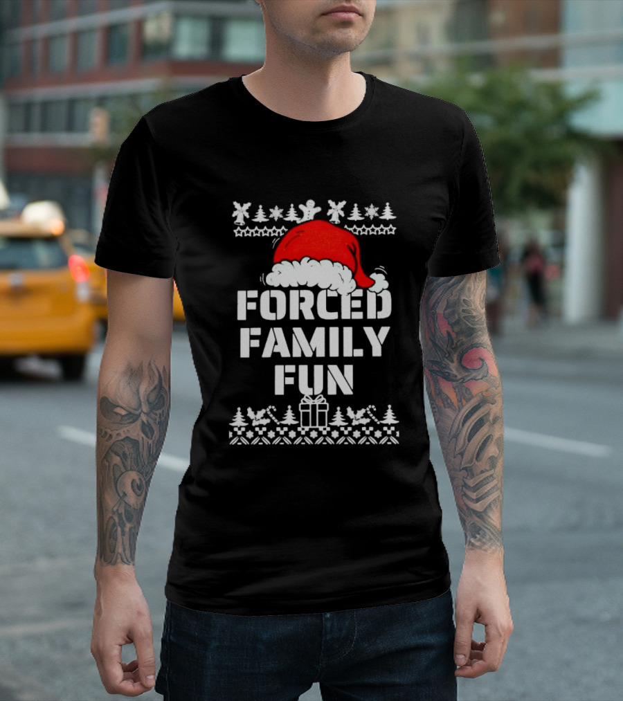 Forced Family Fun Christmas Santa Hat Trees Presents T-Shirt