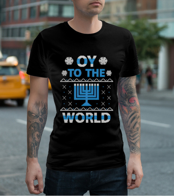 Oy To The World Happy Hanukkah Menorah Snowflakes T-Shirt
