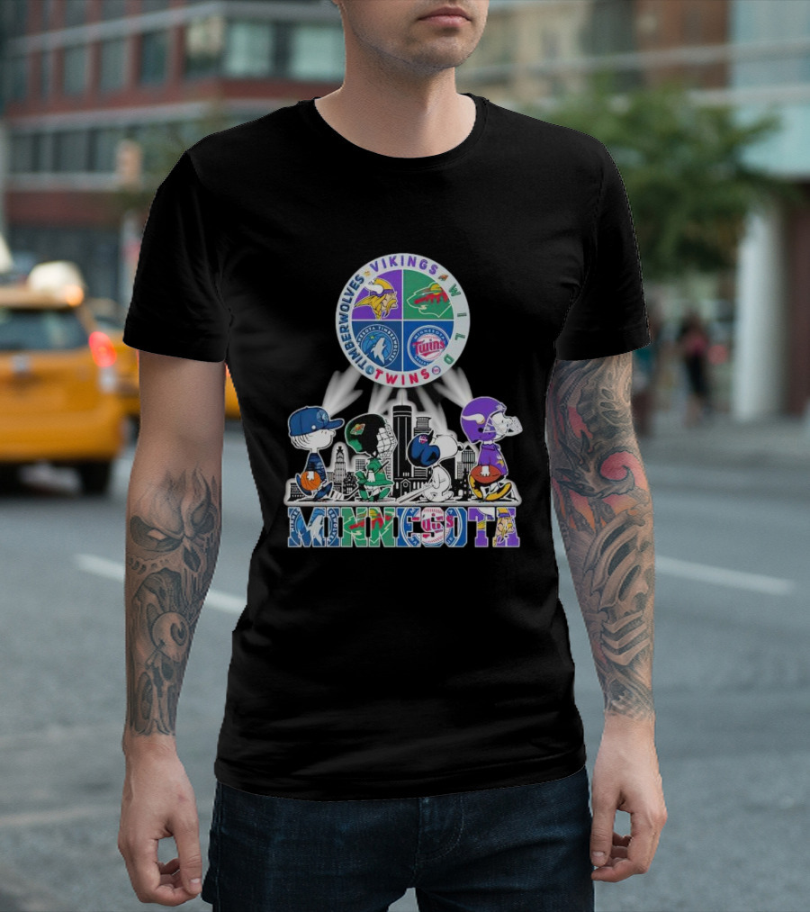 Peanuts Characters Minnesota Vikings Timberwolves Wild Twins Walking in Minnesota T-Shirt