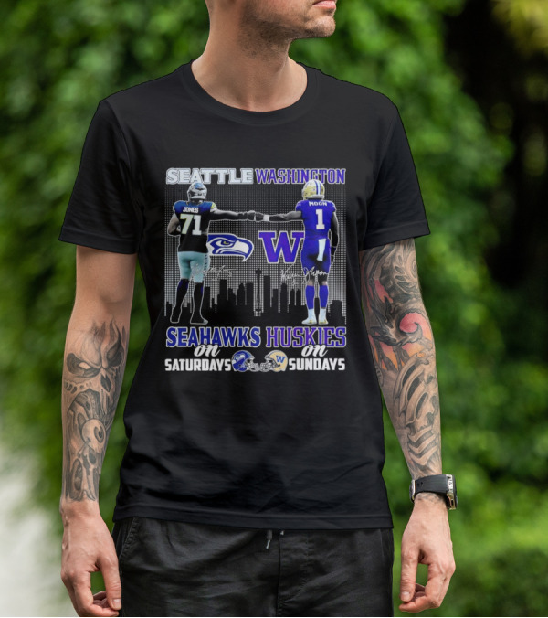 Seattle Seahawks Jones Saturdays Washington Huskies Moon Sundays T-Shirt
