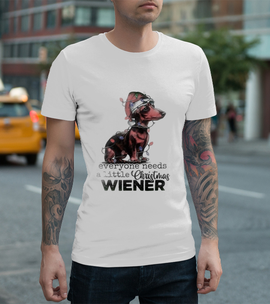 Everyone Needs a Little Christmas Wiener Dachshund with Lights and Santa Hat T-Shirt