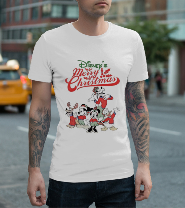 Disney’s Merry Christmas Mickey Minnie Goofy Pluto Festive Holiday T-Shirt