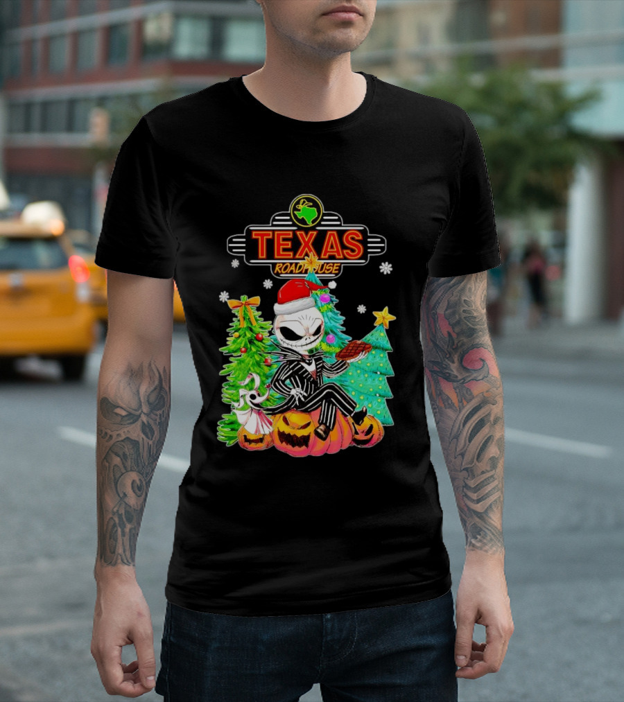 Jack Skellington Christmas With Texas Roadhouse Pumpkin And Christmas Trees T-Shirt