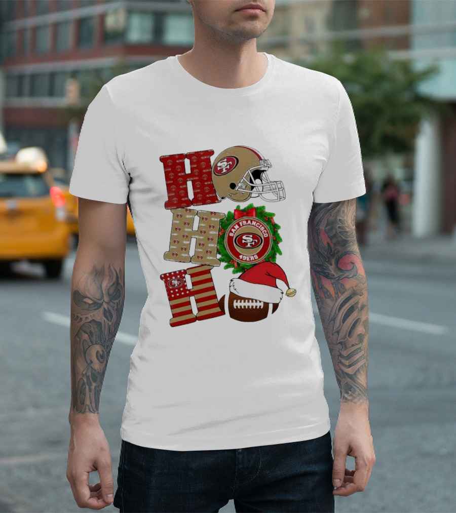 San Francisco 49ers Ho Ho Ho Merry Christmas Football Helmet Wreath Santa Hat T-Shirt