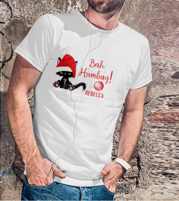 Santa Black Cat Bah Humbug Xmas Custom Name Rebecca T-Shirt