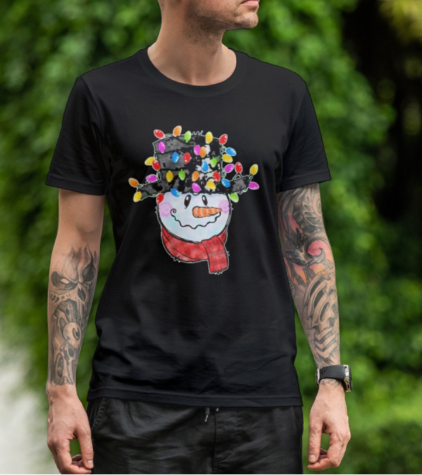 Snowman Wrapped In Colorful Christmas Lights With Black Top Hat And Red Scarf T-Shirt