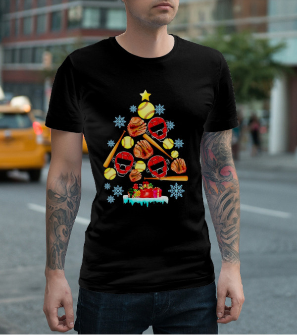 Christmas Tree With Softballs Bats Helmets Mitts And Gifts T-Shirt
