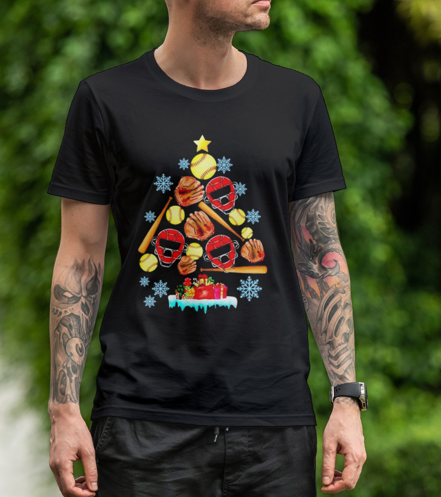 Christmas Tree With Softballs Bats Helmets Mitts And Gifts T-Shirt