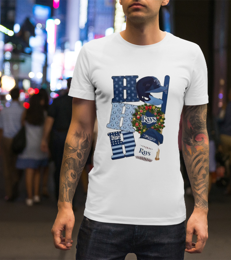 Tampa Bay Rays Ho Ho Ho Merry Christmas Baseball Helmet Wreath T-Shirt