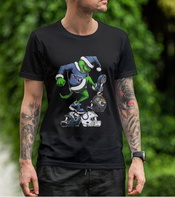 Tennessee Titans Grinch Stomping Jaguars Texans Colts Helmets Christmas T-Shirt