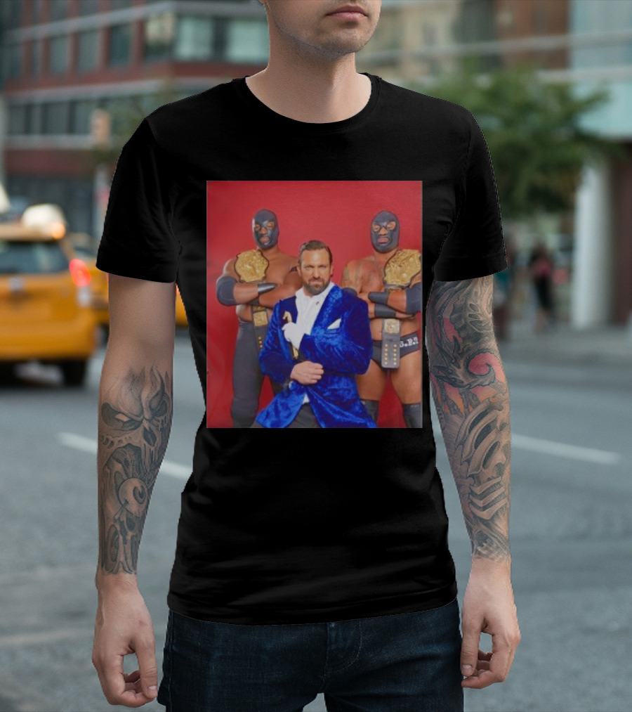 Blunt Force Trauma Wrestling Champions with Blue Masked Duo and Manager in Velvet Suit T-Shirt