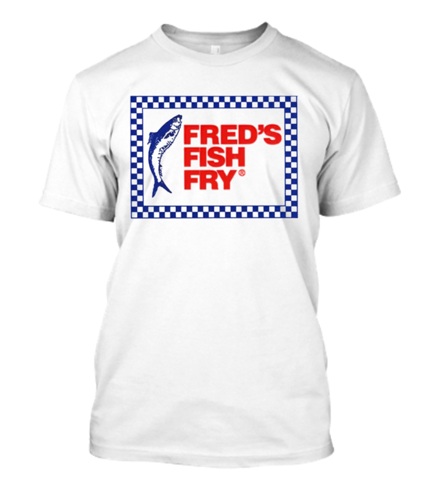 FRED'S FISH FRY Checkered Border With Jumping Fish T-Shirt